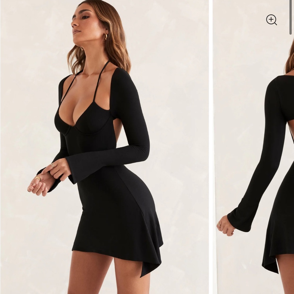 RENE
Long Sleeve Asymmetric Hem Mini Dress in Black